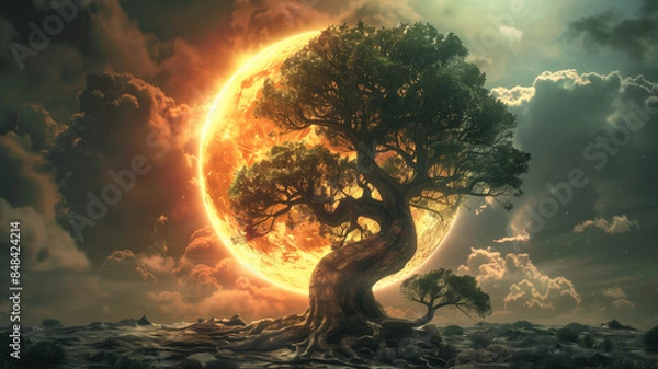 Fototapeta Ying yang concept of balance Yggdrasil tree of life norse mythology. Balance concept. Generative ai