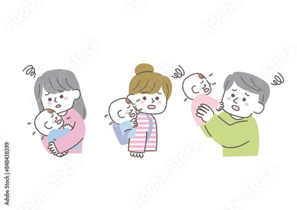 Fototapeta 赤ちゃんが泣き止まなくて困っているお父さんお母さんのイラスト