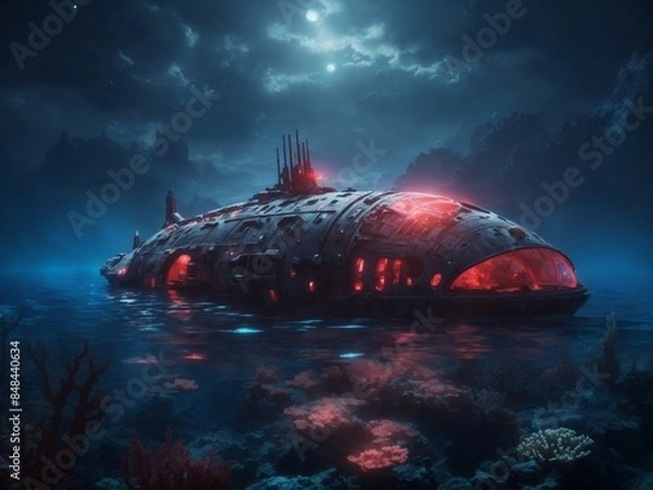 Fototapeta "Ultra-Realistic 8K Art of Submerged Alien Spaceship in Deep Sea Darkness with Mysterious Moonlit Sky and Red Clouds"