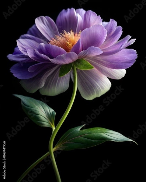 Obraz A delicate pion flower with green leaves and long stem, on a black background
