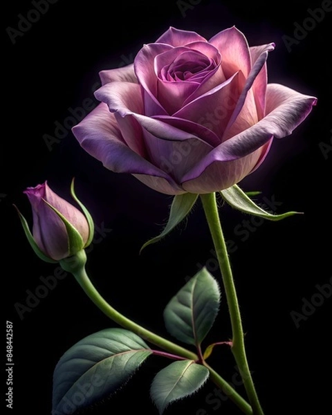Obraz A delicate rose flower, green leaves and long stem, on a black background