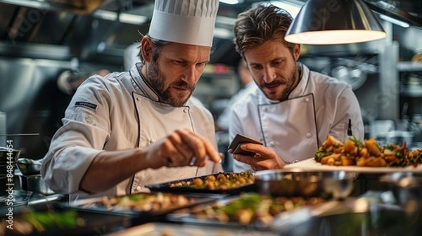 Obraz Two Famous Chefs Discuss Their Video Blog while_Using Tablet 