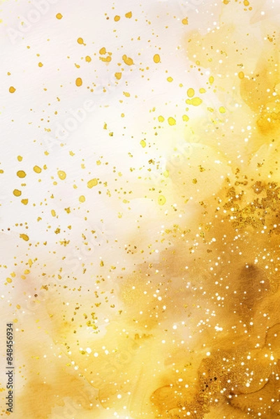 Fototapeta Abstract golden and white watercolor background with splatters and spots forming a dynamic and vibrant design....