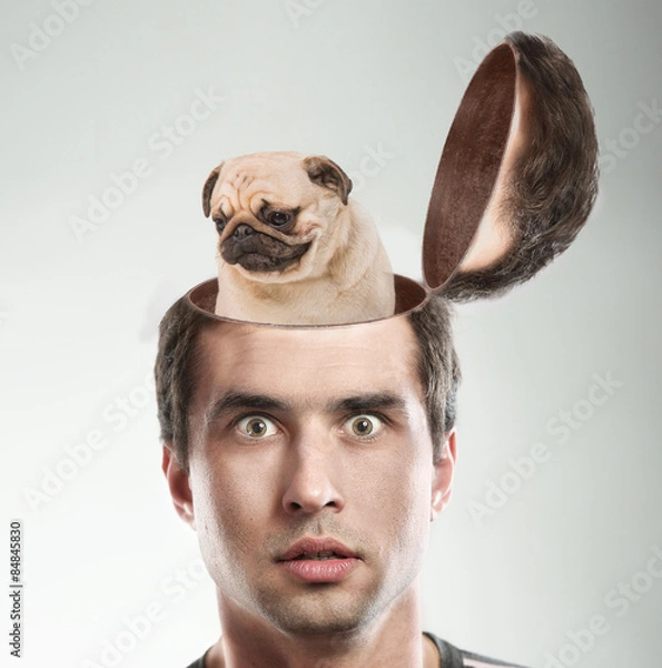Obraz Dog sitting inside the man's opened head