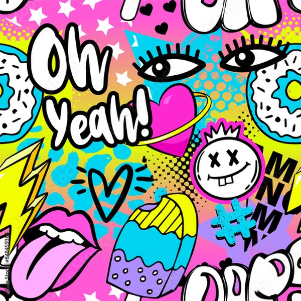 Obraz Abstract seamless pattern with graffiti words stickers on retro style. Cool colorful background. Wallpaper for teen girl