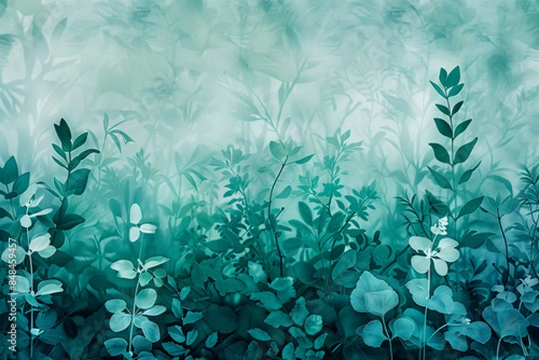 Fototapeta Illustration of lush greenery spreads across background fading from deep shade of cerulean to soft mint hue, generating calming atmosphere.