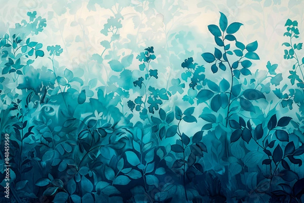 Fototapeta Illustration of lush botanical elements overlay gentle gradient from deep cerulean to soft mint creating natural atmosphere.
