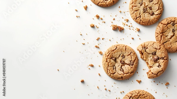 Fototapeta homemade chocolate chips cookies on white background in top view space for text