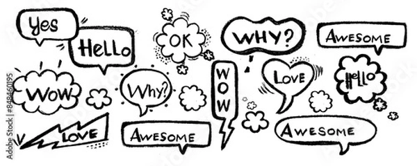 Fototapeta Line simple balloon frame with text title. Line decoration simple speech bubble set with comic cloud, balloon, arrow element. Hand drawn doodle sketch style. Vector illustration.