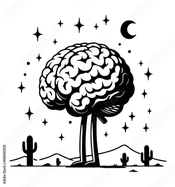 Fototapeta Atomic Brains walking under stars _ symple  black and white illustration
