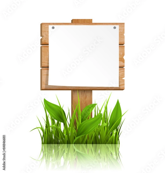 Fototapeta Wooden signpost with grass paper and reflection on white backgro