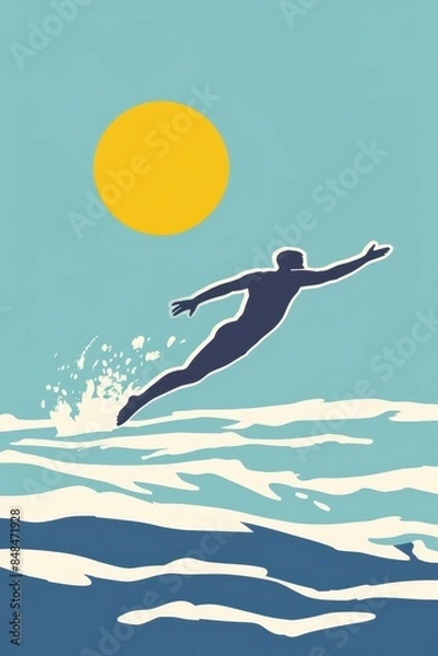 Fototapeta a man is jumping into the ocean with a surfboard