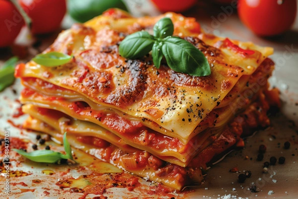Fototapeta Close-up of a delicious homemade vegetarian lasagna garnished with fresh basil, showcasing layers of pasta, rich tomato sauce, and melted cheese, perfect for celebrating National Lasagna Day