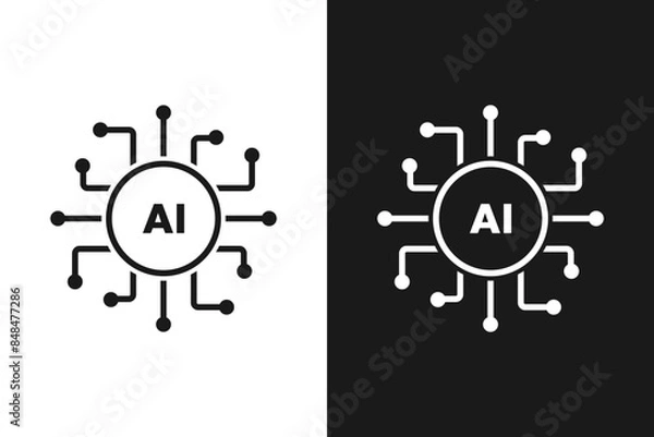 Fototapeta AI processor chip. Artificial intelligence. AI symbol or sign for graphic design, logo, web site, social media. vector icon. ChatGPT and other bots. Black and white.
