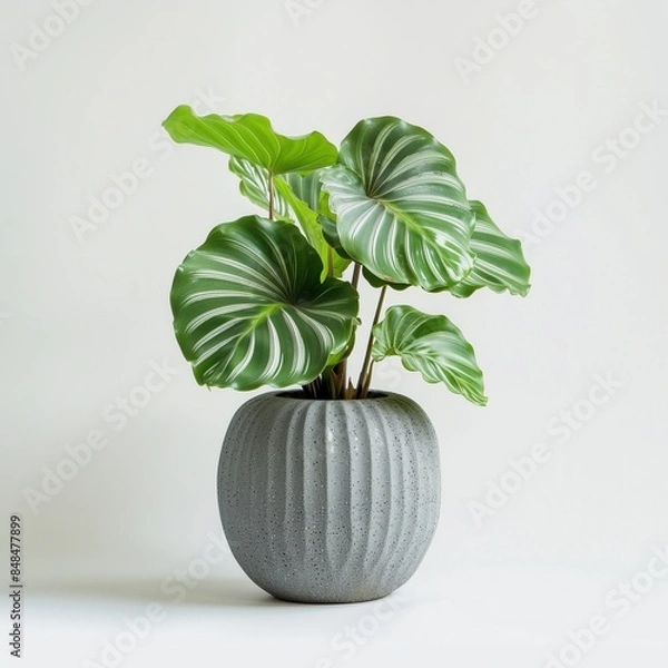 Fototapeta Calathea orbifolia in a modern looking vase on a white background