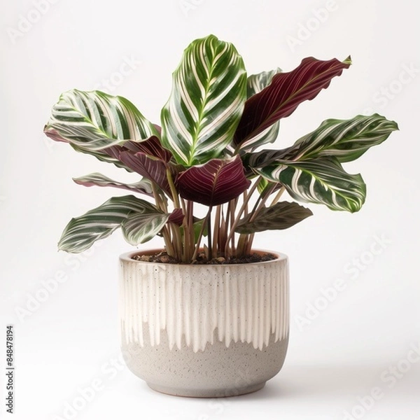 Fototapeta Velvet Calathea (Calathea rufibarba) in a modern looking pot isolated on a white background