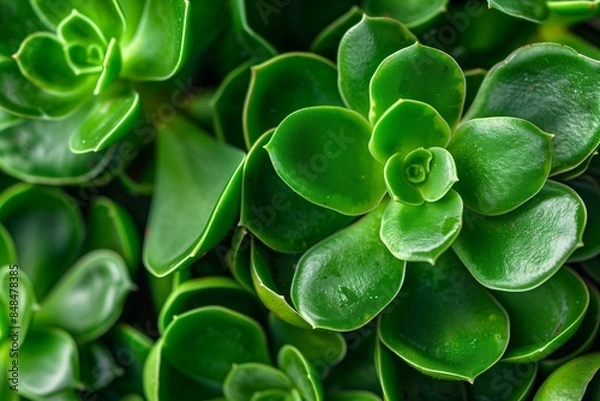 Fototapeta Zoomed-in view of the thick fleshy leaves of a Jade Plant (Crassula ovata)