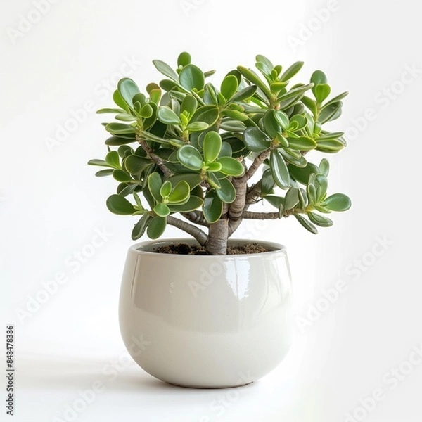 Fototapeta Jade Plant (Crassula ovata) in a modern looking pot isolated on a white background