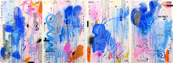 Fototapeta A series of four posters, each with different patterns and colors, including bold black lines, paint splatters. Abstract layout with shapes and forms in a whimsical and playful design style