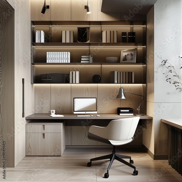 Fototapeta Modern home office space with a minimalist desk. Ergonomic design. Modern style. Office.