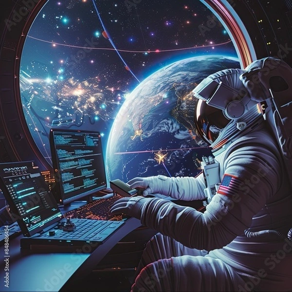 Fototapeta Astronaut using a Laptop in space. Wireless Connection to the Interne. Wifi.