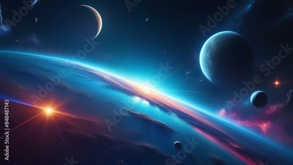 Fototapeta A fantastic cosmic landscape with planets and colorful galaxies and a space to copy