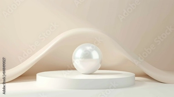 Obraz Banner with big pearl on podium against beige wall, minimalism