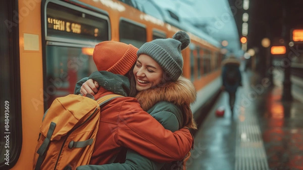 Fototapeta Emotional reunion at train station. Two friends joyfully hug on a wet platform, conveying warmth and connection. Ideal for travel and lifestyle promotions, and editorial features