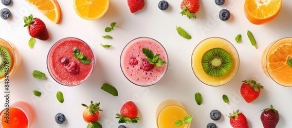 Obraz An artistic display featuring smoothies and fruits arranged in a creative layout on a white background, emphasizing a food concept with a flat lay perspective.