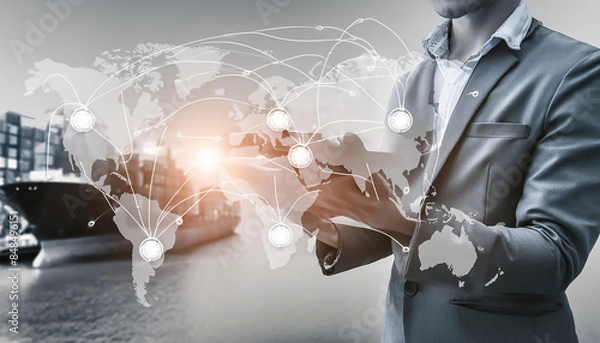 Obraz  AI technology enhances global logistics for international delivery, using a world map to man