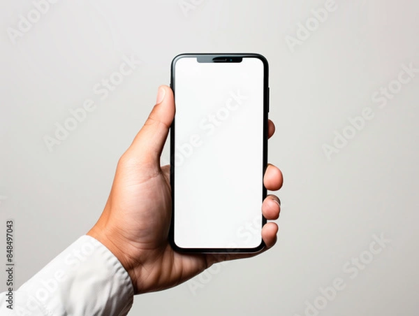 Fototapeta Male hand holding a smartphone with blank screen ready to place your design.