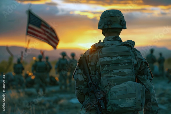 Obraz 해지는 노을 풍경을 바라보는 군인들 뒷모습