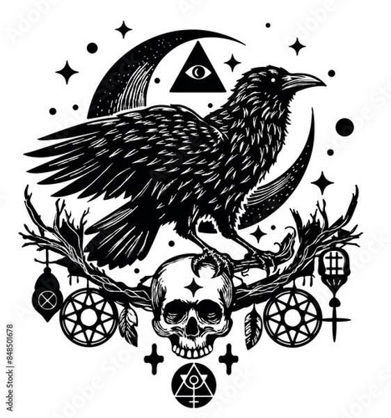 Fototapeta Occult Raven _ stylized black and white vector illustration