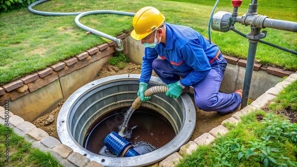 Fototapeta Plumber submerges wastewater pump into septic tank effluent to pumping sewage water before tank maintenance.