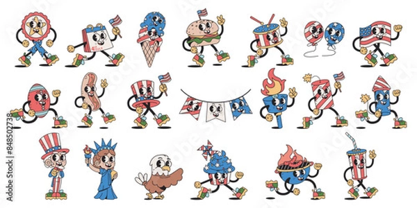 Fototapeta Vector Happy Independence Day USA Cartoon 4Th July Set Illustration Isolated
