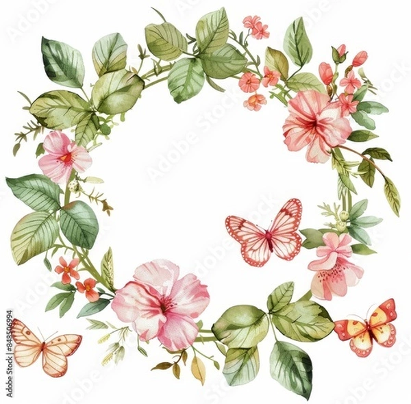 Fototapeta Watercolor spring wreath with flowers and butterfly 