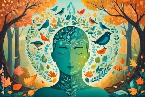 Obraz Teal orange person icon surrounded by nature symbols of rustling leaves, bird songs for mental healing. 