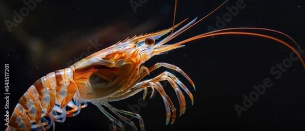 Obraz Shrimp, isolated against a black background, highlighting its vibrant appearance and culinary desirability as a seafood favorite