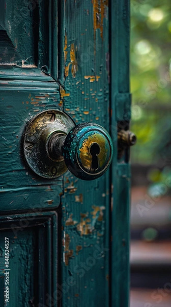 Fototapeta Detailed Image of Old Door Lock and Handle, Visible Aging, Peeling Paint, and Intricate Design, Soft Focus Background with Foliage Adding Depth