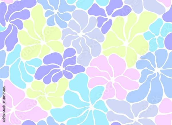 Fototapeta Abstract floral seamless pattern with pastel colors shapes of chamomile. Flat vector design in trendy naive retro matisse style. 