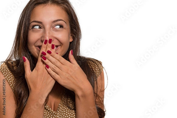Obraz Portrait of beautiful young cheerful woman on a white background