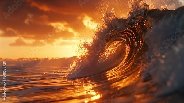 Fototapeta Ocean wave glows with golden hues at sunset