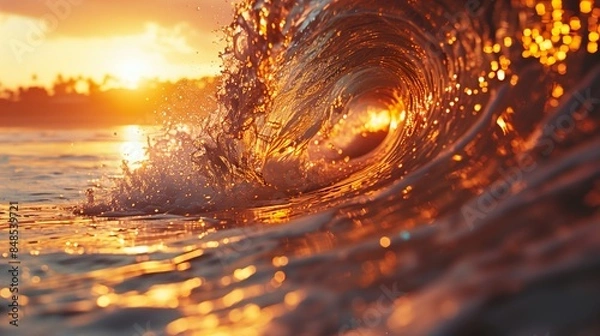 Fototapeta Ocean wave glows with golden hues at sunset