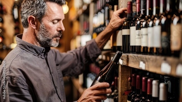 Fototapeta Middle-aged man selecting wine bottle from shelves in store