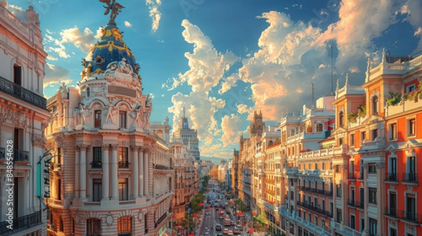 Fototapeta Madrid, Spain city skyline created with Generative AI technology