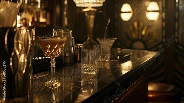 Fototapeta Close-up of a 1920s speakeasy bar counter with classic cocktails, crystal glasses, and Art Deco patterns, moody lighting 