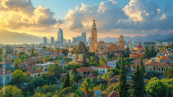 Fototapeta Nicosia, Cyprus city skyline created with Generative AI technology