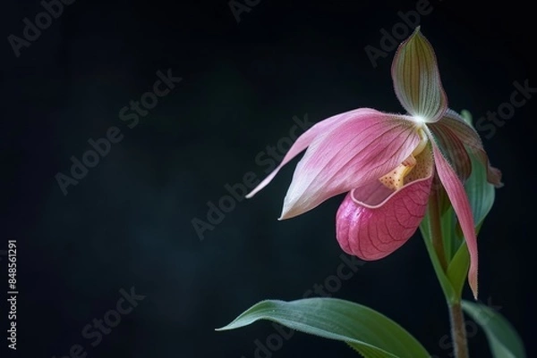 Fototapeta flower Photography, Cypripedium, copy space on right, close up, Isolated on Black Background