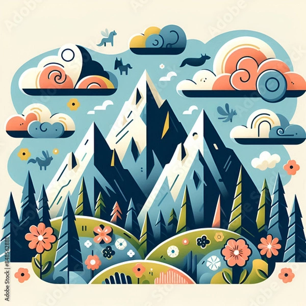 Fototapeta Stunning & Mysterious, Soothing and Organic Scandinavian Cubism Shape Style Stylized Dolomites Mountain Alps Clouds. Travel & Mental Health Road in Valley Journey.Towards Well-Being World Wildlife Day