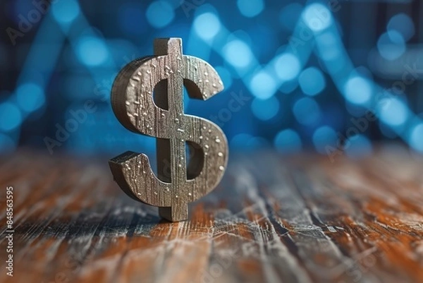 Fototapeta American Dollar Symbol Standing On Wood Surface In Front Of A Graph